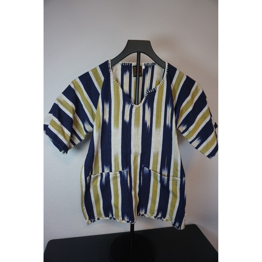 Tropix Woven Ikat Dashiki Top Navy Olive Striped V-Neck Boho Tunic Small